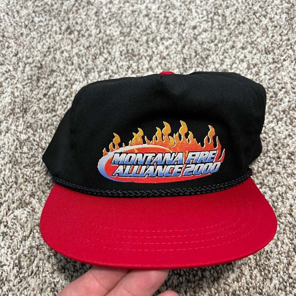 VTG Montana Fire Alliance 2000 Y2K Hat Made in USA Deadstock Black Red Flames
